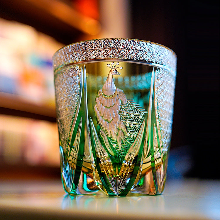 Edo Kiriko Handcrafted Emerald Peacock Whiskey Glass with Wooden Box