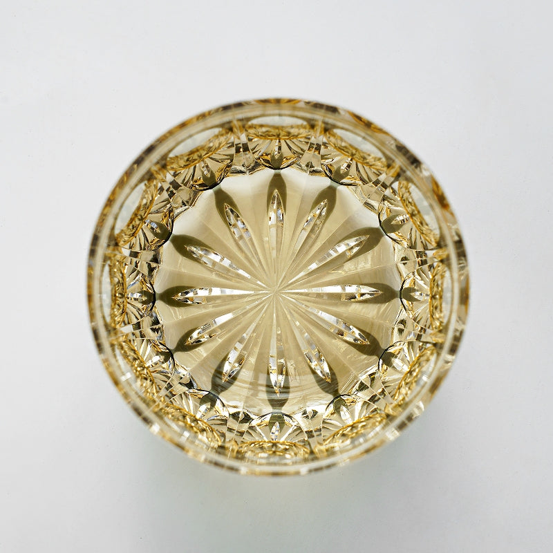 Edo Kiriko Handcrafted Amber Celestial Whisky Glass – A Golden Glow of Cosmic Grandeur