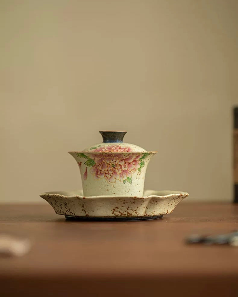Golden Thread Peony Flint-Red Sancai Gaiwan