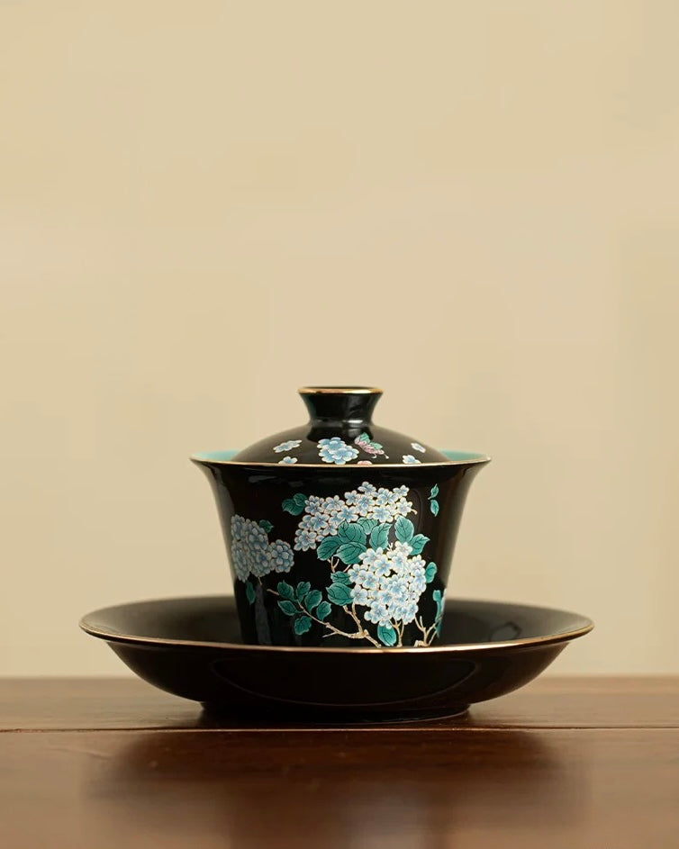 Black Glaze Midnight Hydrangea Sancai Gaiwan