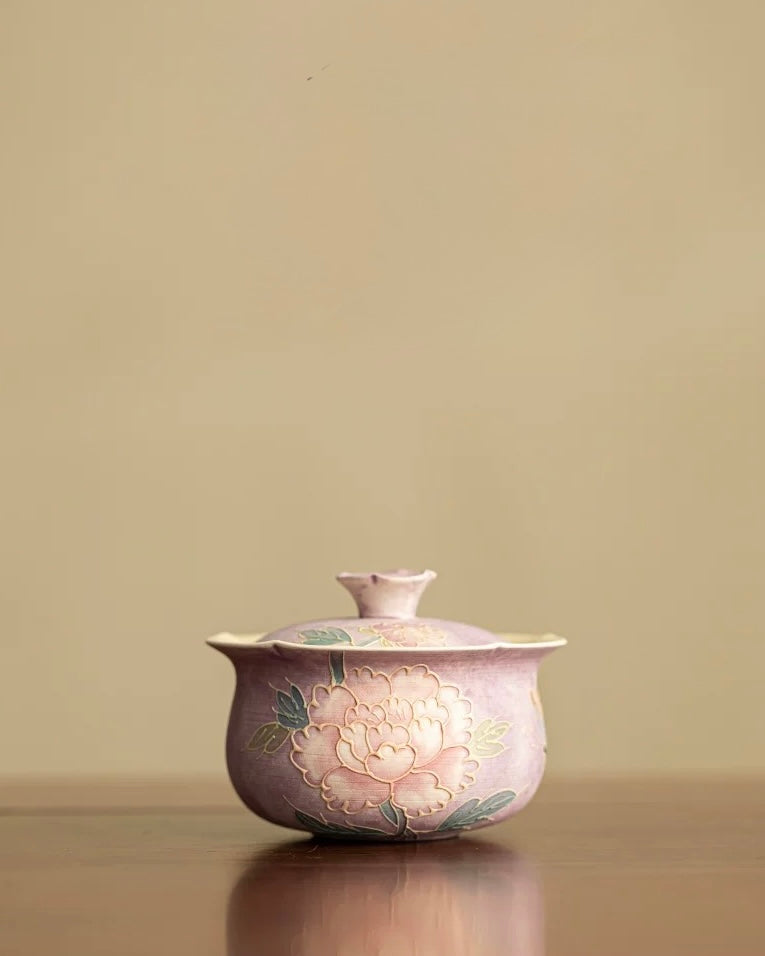 Relief-Sculpted Hand-Painted Purple Rhyme Peony Cloth-Bag Gaiwan