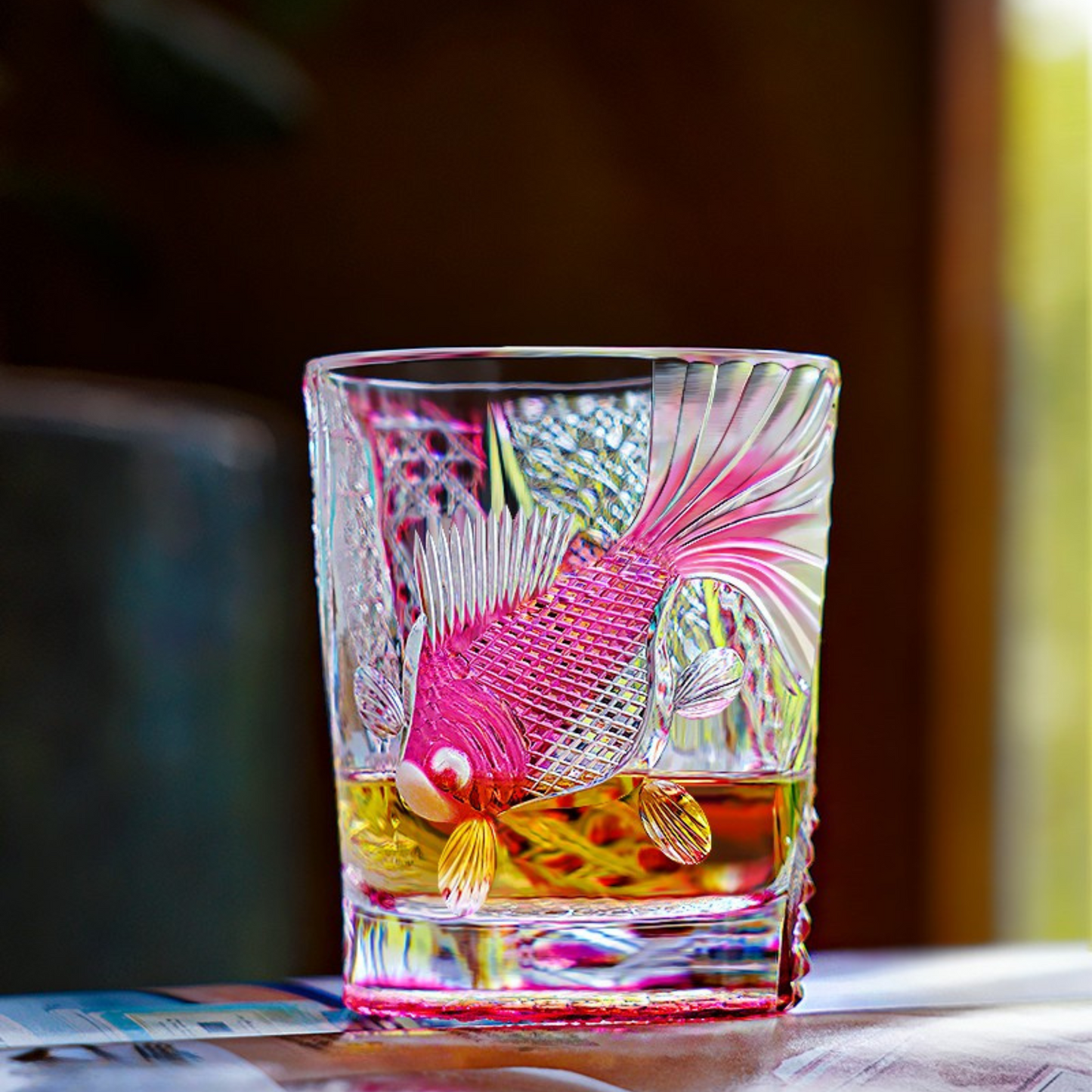 Edo Kiriko Handcrafted Taikan Rose Koi Whisky Glass With Wooden Box