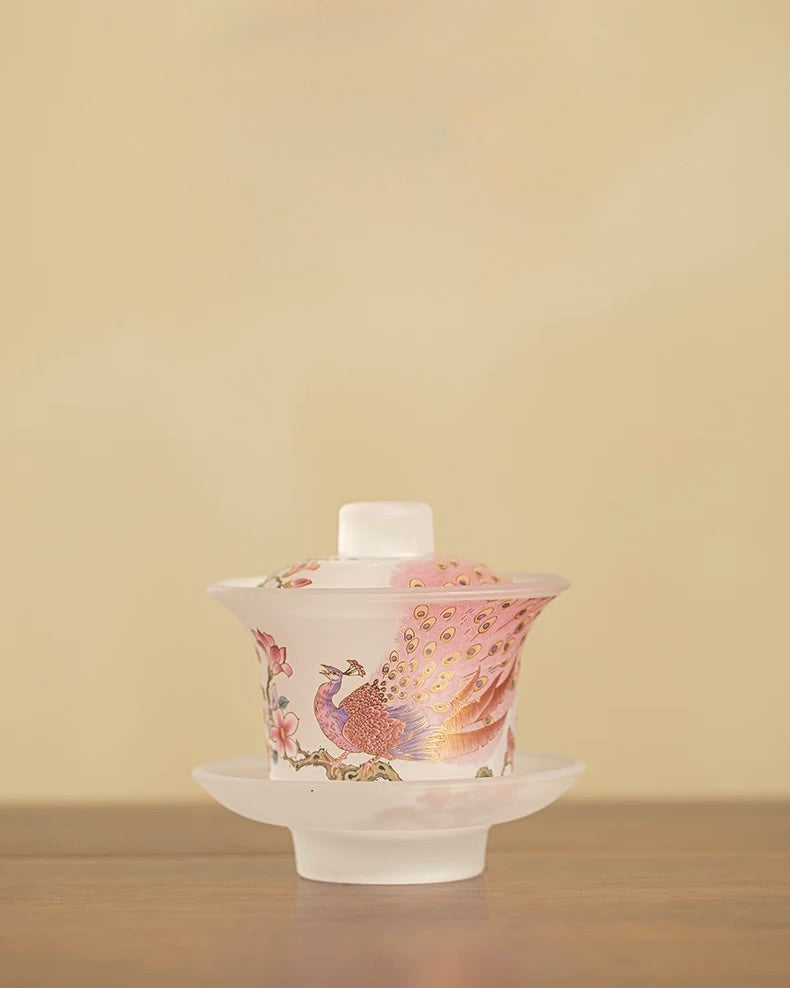 Pink Frosted Luminous Peacock Glass Sancai Gaiwan