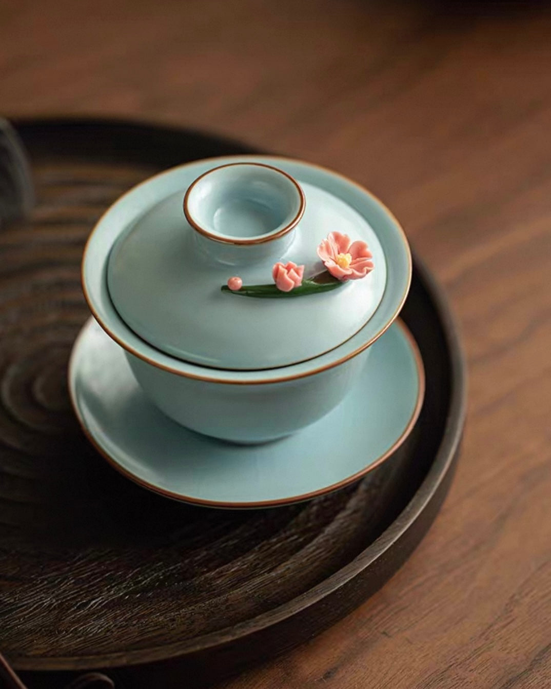 Hand-Sculpted Azure Petals Ru Ware Floating Sancai Gaiwan