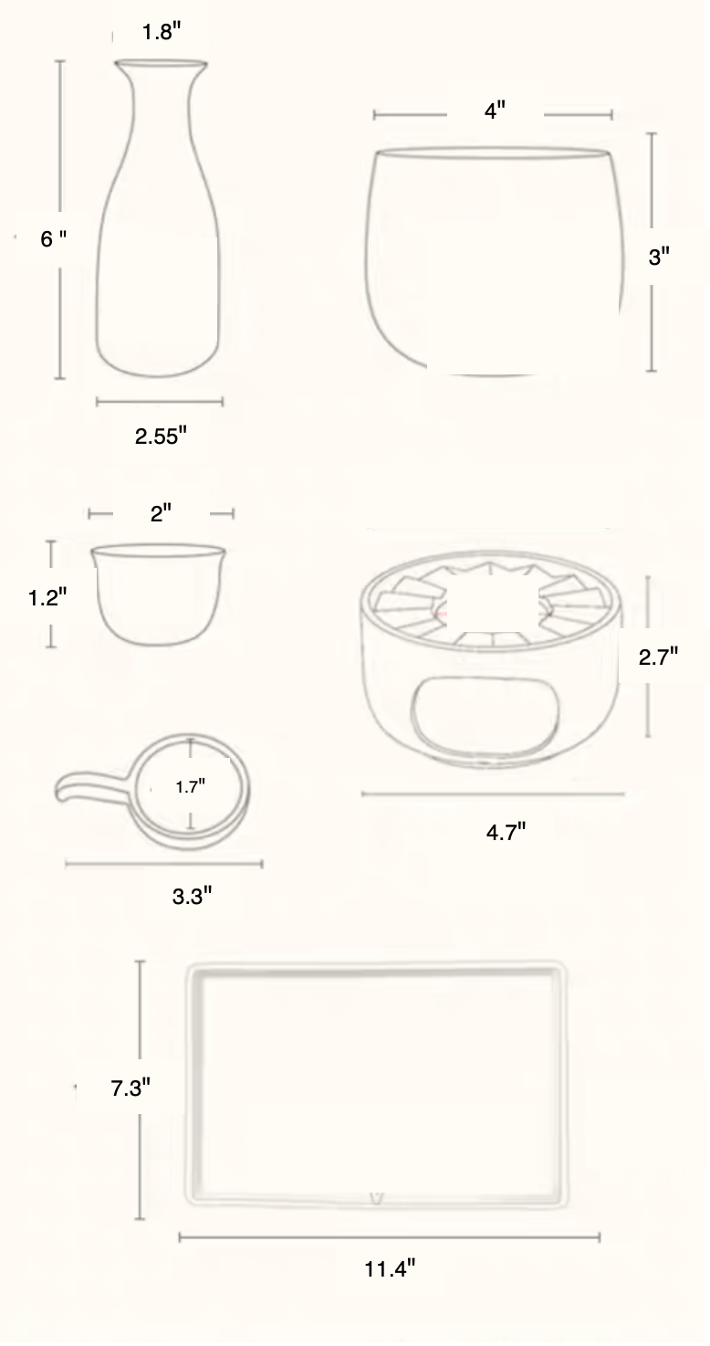 Authentic Japanese Sake Set: Tokkuri. Warmer. Serving Tray. Cups - Personalized Engraving Available