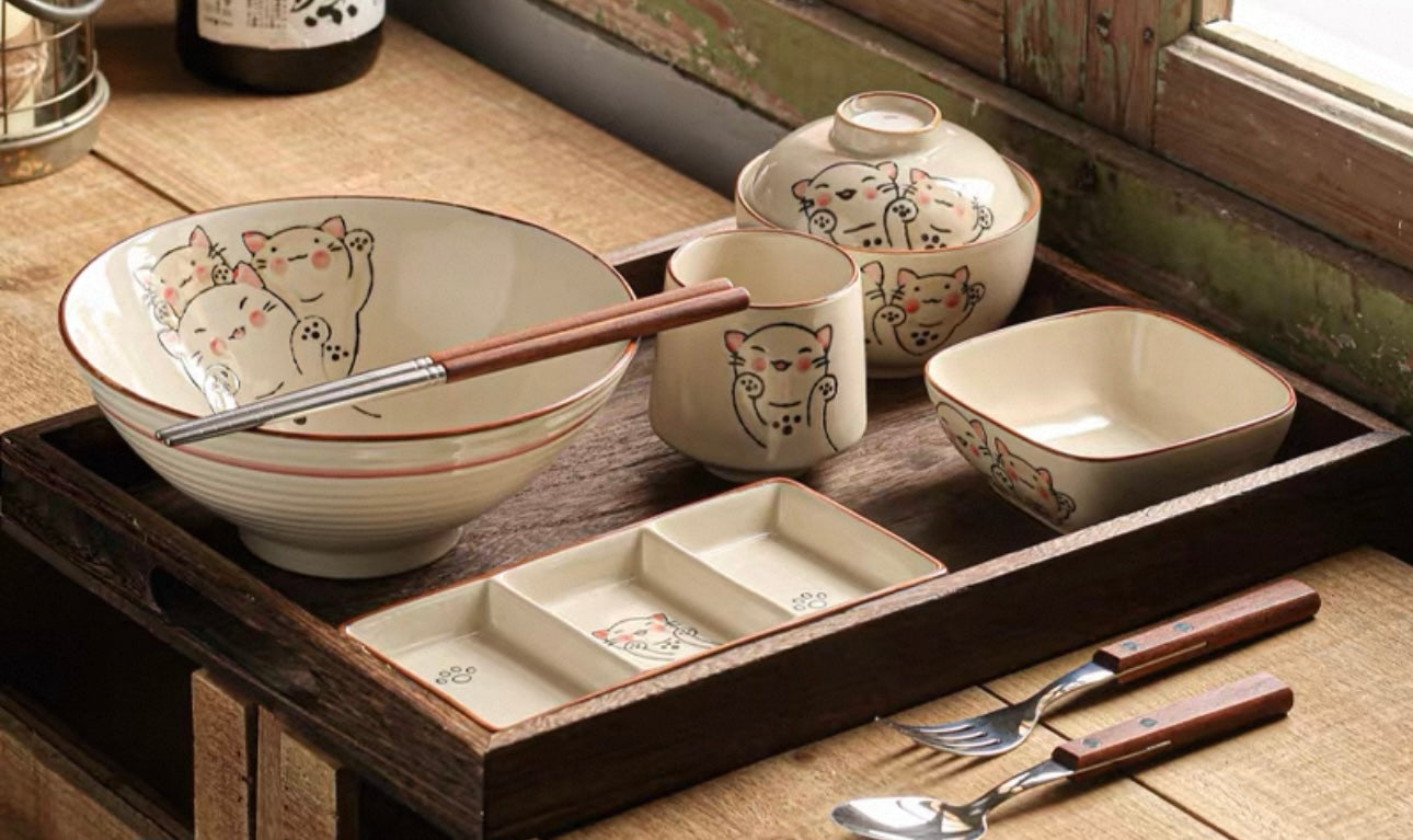 9-Piece Japanese Handmade Ramen Tableware Set: Cat and Fish Motif