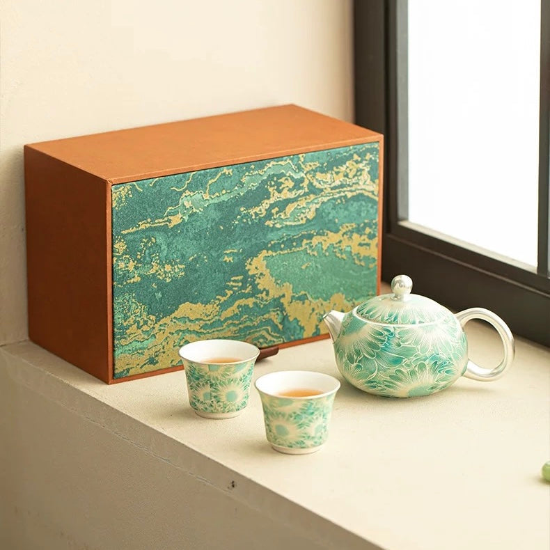 Silver Daisy Mutton-Fat Jade Tea Set | Premium Porcelain Trio