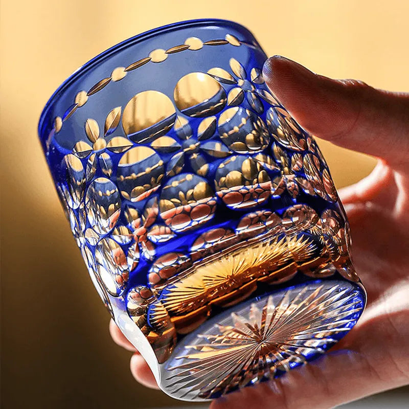 Edo Kiriko Blue & Gold Hand-Cut Whisky Glass