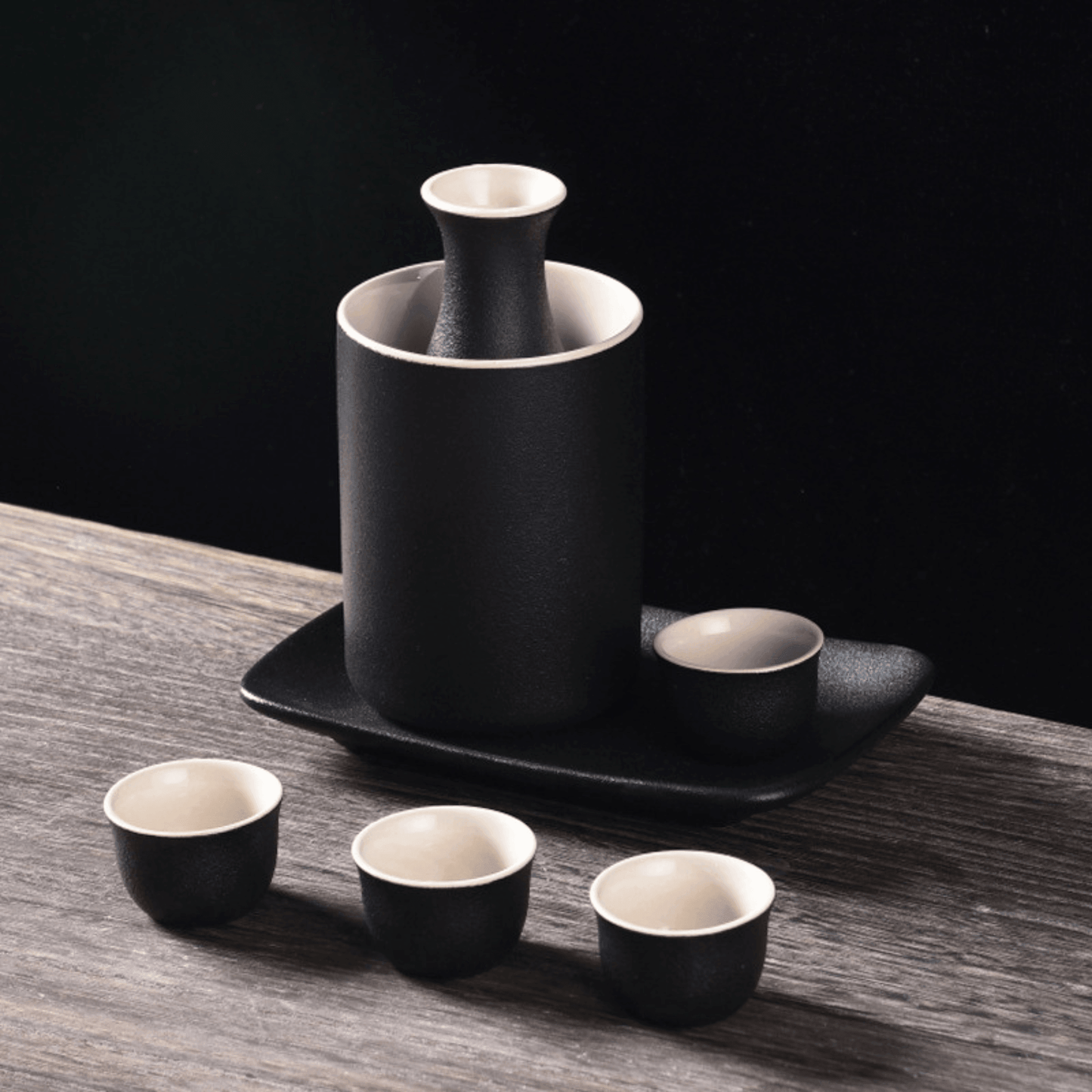 Traditional Japanese Ceramic Sake Set – Flagon. Warmer & 4 Cups