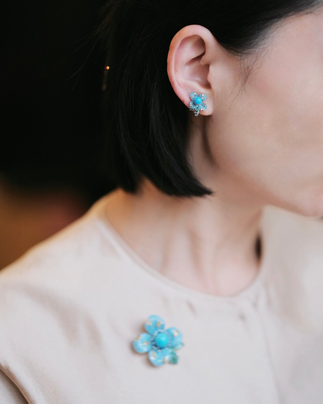Luxury High-Porcelain Blue Turquoise Blossom Brooch | Super Heavywork Artisan Jewelry