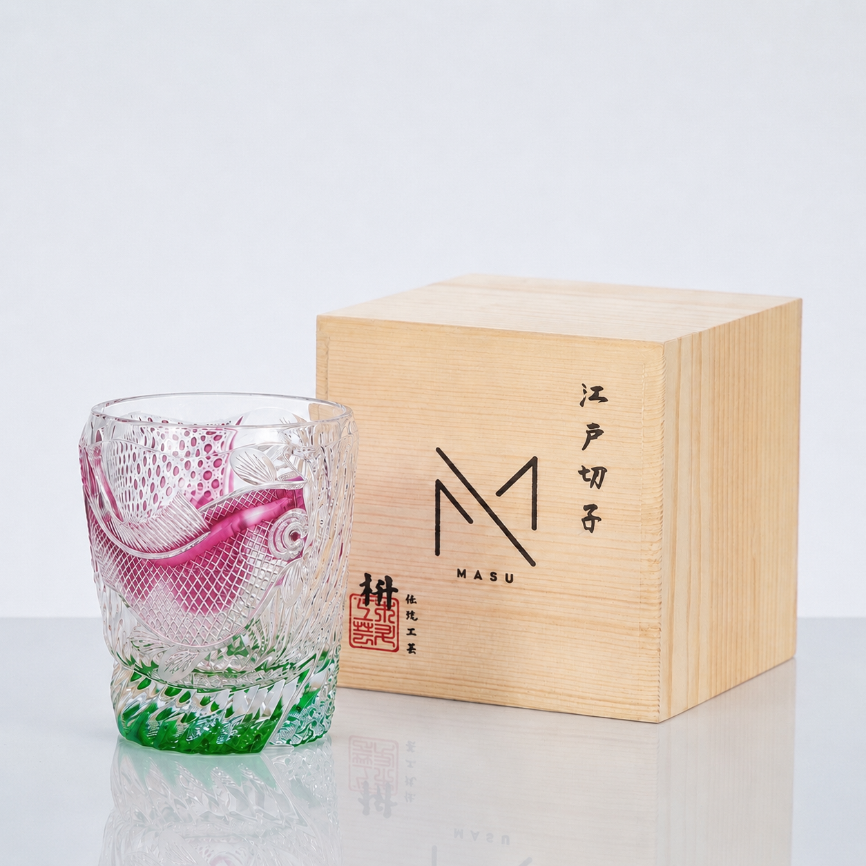 Edo Kiriko Handcrafted Kingyo Nishiki Whisky Glass With Wooden Box