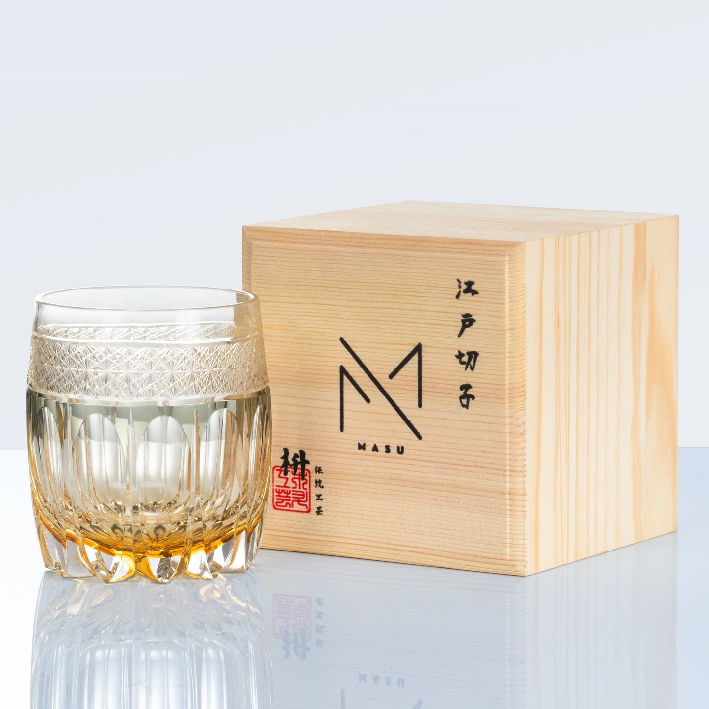 Edo Kiriko Handcrafted Amber Celestial Whisky Glass With Wooden Box
