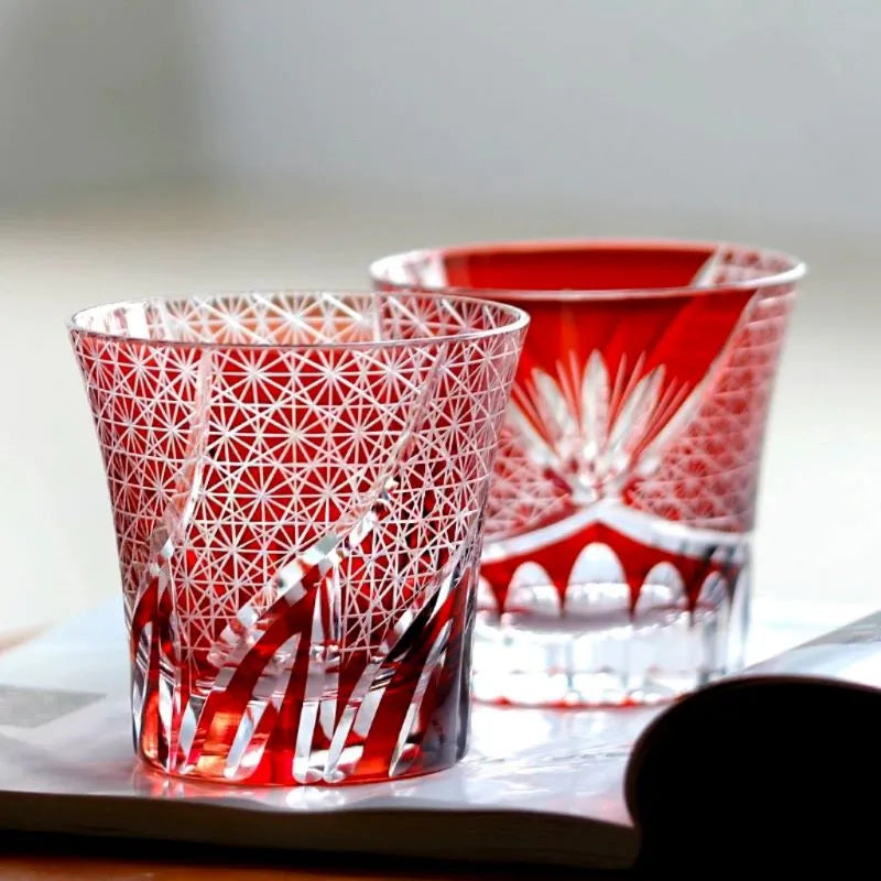 Edo Kiriko Red Chrysanthemum Hand-Cut Whisky Glass
