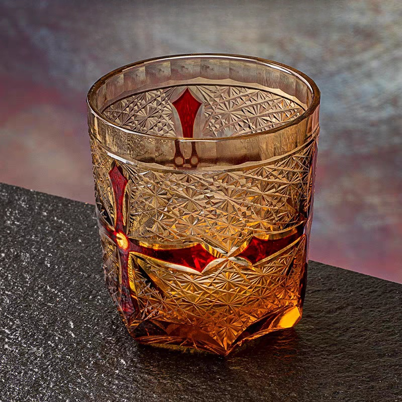 Edo Kiriko Handcrafted Amber Cross Heart Whiskey Glass - Japanese
