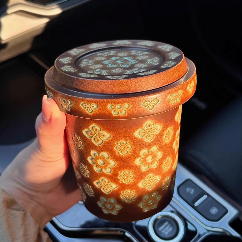 Handmade Tang Baoxiang Lidded Cup – Large Capacity Milk Tea & Office Mug