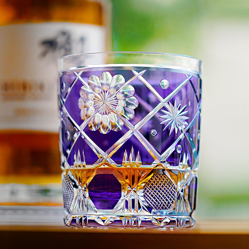 Edo Kiriko Handcrafted Violet Kohana Blossom Crystal Glass – Japanese Artisan Luxury with Wooden Box