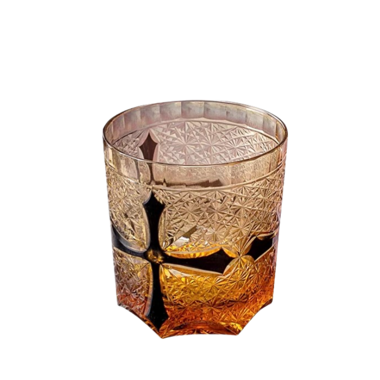 Edo Kiriko Handcrafted Amber Cross Heart Whiskey Glass - Japanese