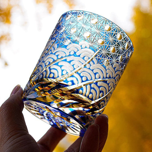 Edo Kiriko Handcrafted Blue Amber Whisky Glass With Wooden Box