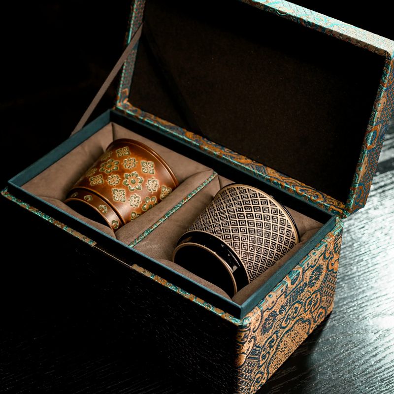 Handmade Tang Dynasty Baoxiang Flower & Huiwen Pattern Coffee Cup Set – 2-Piece Gift Box