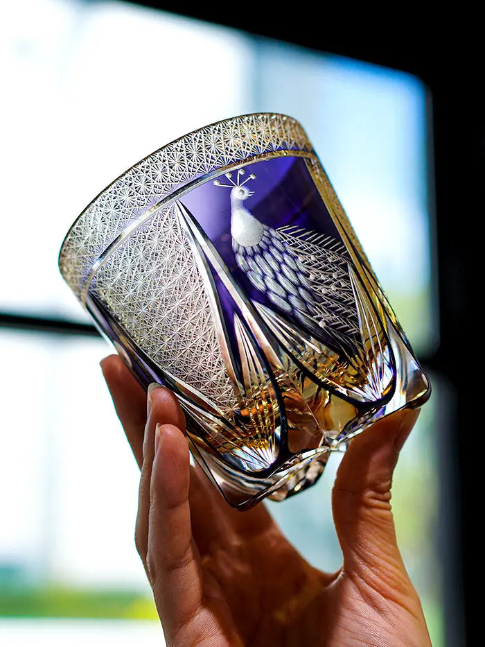Edo Kiriko Handcrafted Violet Peacock Whisky Glass - Crystal Glass