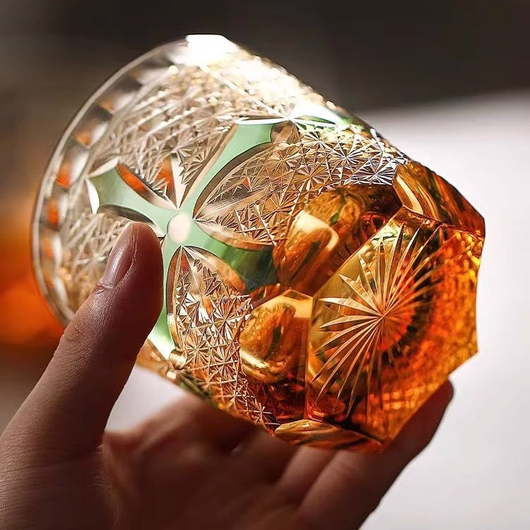 Edo Kiriko Handcrafted Amber Cross Heart Whiskey Glass - Japanese
