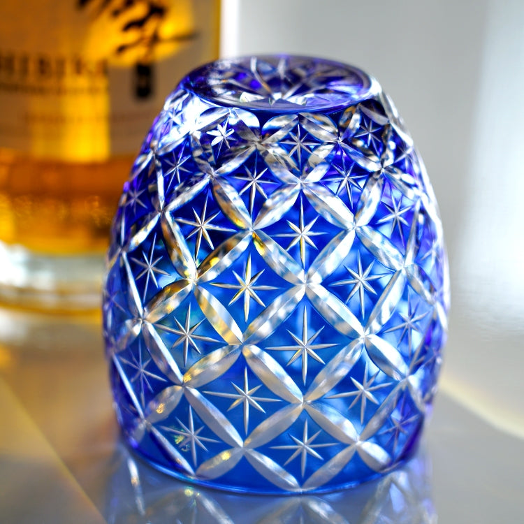 Edo Kiriko Handcrafted Sapphire Shippo Whisky Glass With Wooden Box