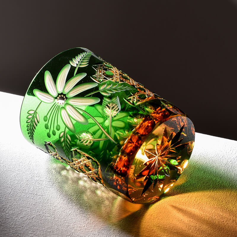 Edo Kiriko Emerald Floral Hand-Cut Whisky Glass