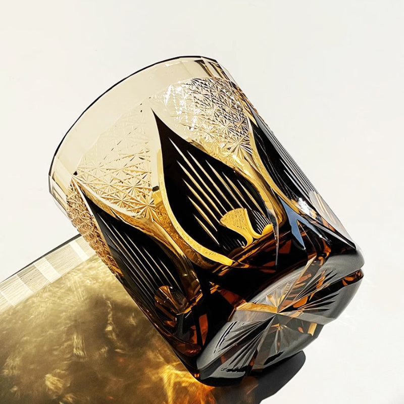 Golden Chrysanthemum Flame Edo Kiriko Whiskey Glass