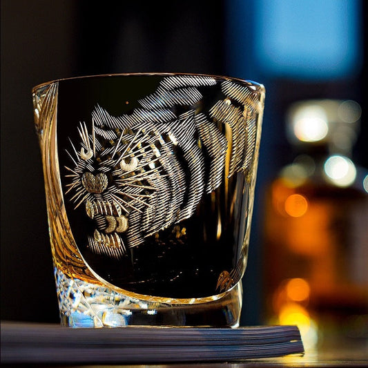 Edo Kiriko Handcrafted Kuro Tora Whisky Glass With Wooden Box