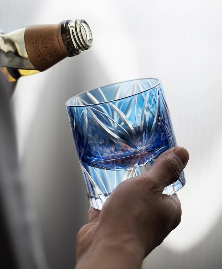 Bule Flowers Edo Kiriko Whiskey Glass