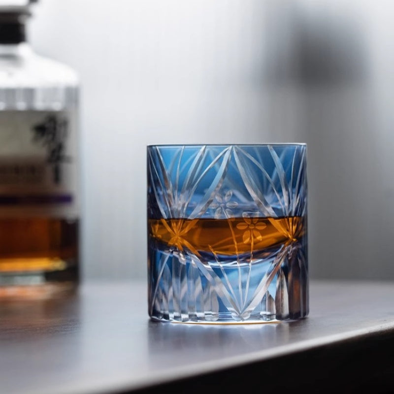 Bule Flowers Edo Kiriko Whiskey Glass