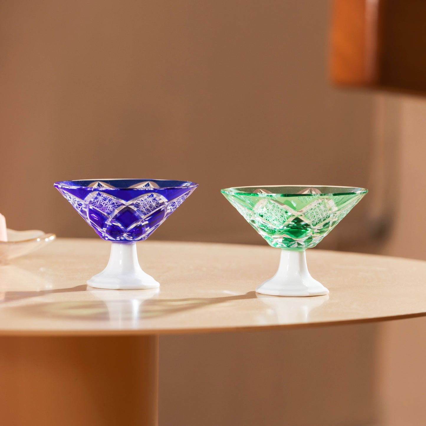 Edo Kiriko Handcrafted Kohaku Sake Glass | Hand-Cut Crystal Cup with Porcelain Base & Wooden Box
