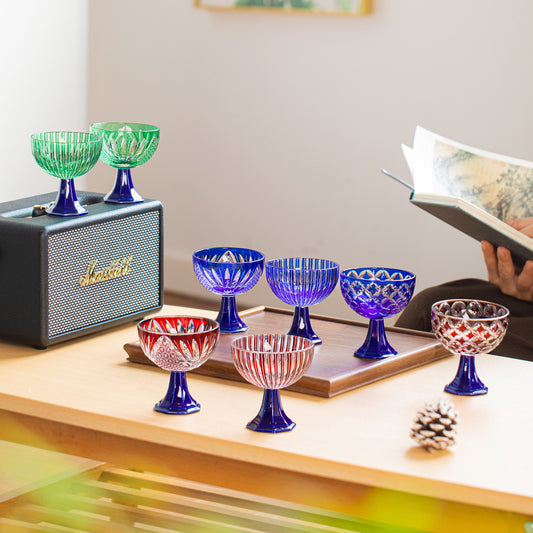 Edo Kiriko Handcrafted Takadai Komon Grand Sake Glass Collection