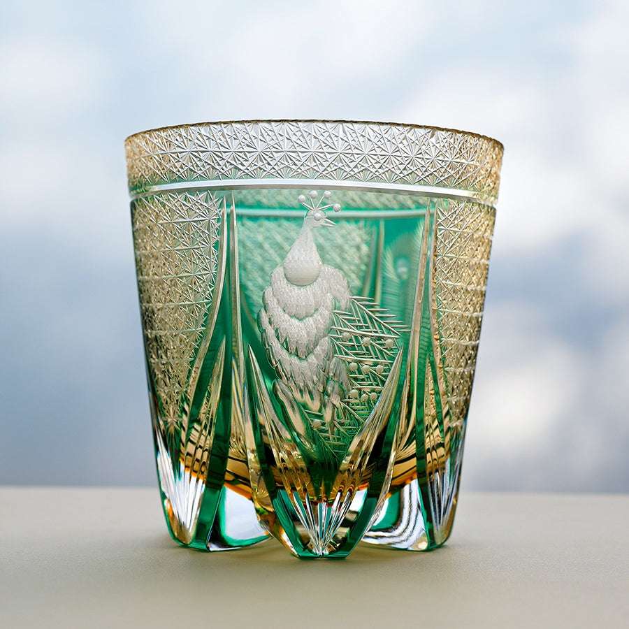 Edo Kiriko Emerald Peacock Hand-Cut Whisky Glass