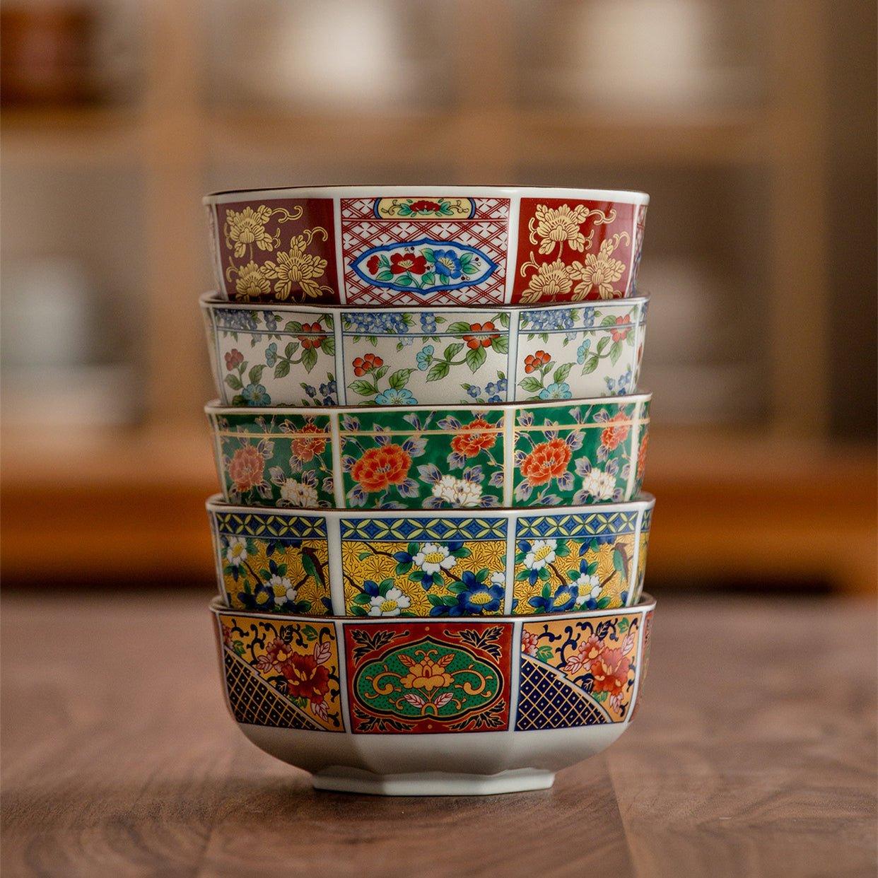 Japanese Mino Ware Court Dyed Brocade Octagonal Bowls Set – A Tapestry of Tradition