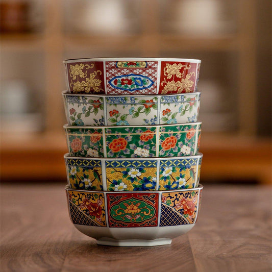 Japanese Mino Ware Court Dyed Brocade Octagonal Bowls Set – A Tapestry of Tradition