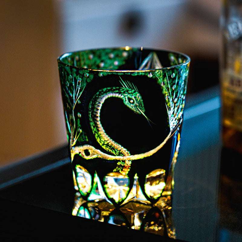 Edo Kiriko Green Serpent Hand-Cut Whisky Glass
