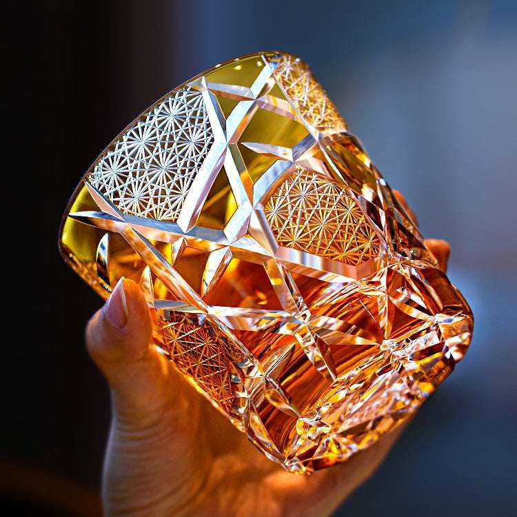 Edo Kiriko Amber Crane Lightning Hand-Cut Whisky Glass