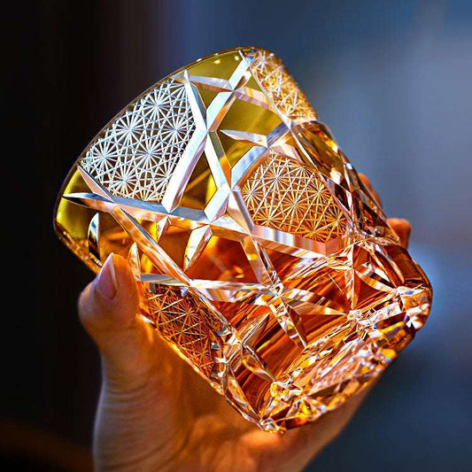 Edo Kiriko Amber Crane Lightning Hand-Cut Whisky Glass