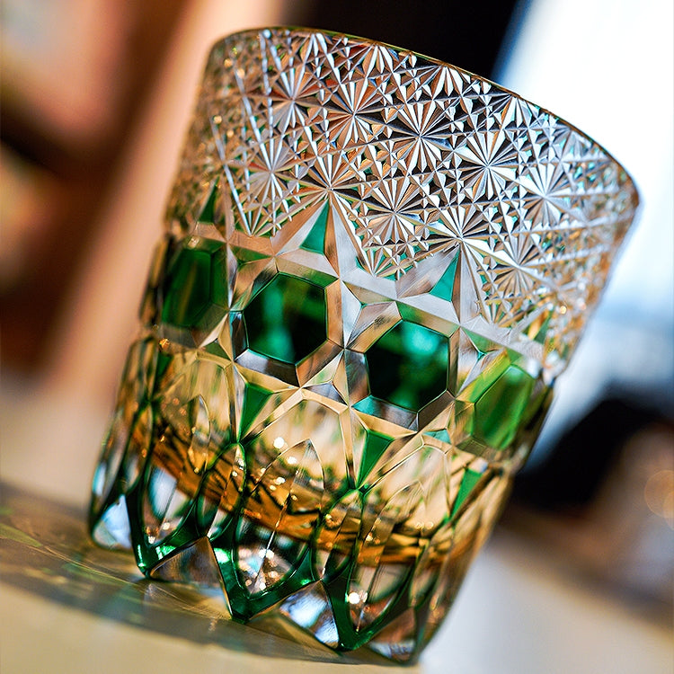 Edo Kiriko Handcrafted Emerald Fluorite Whiskey Glass