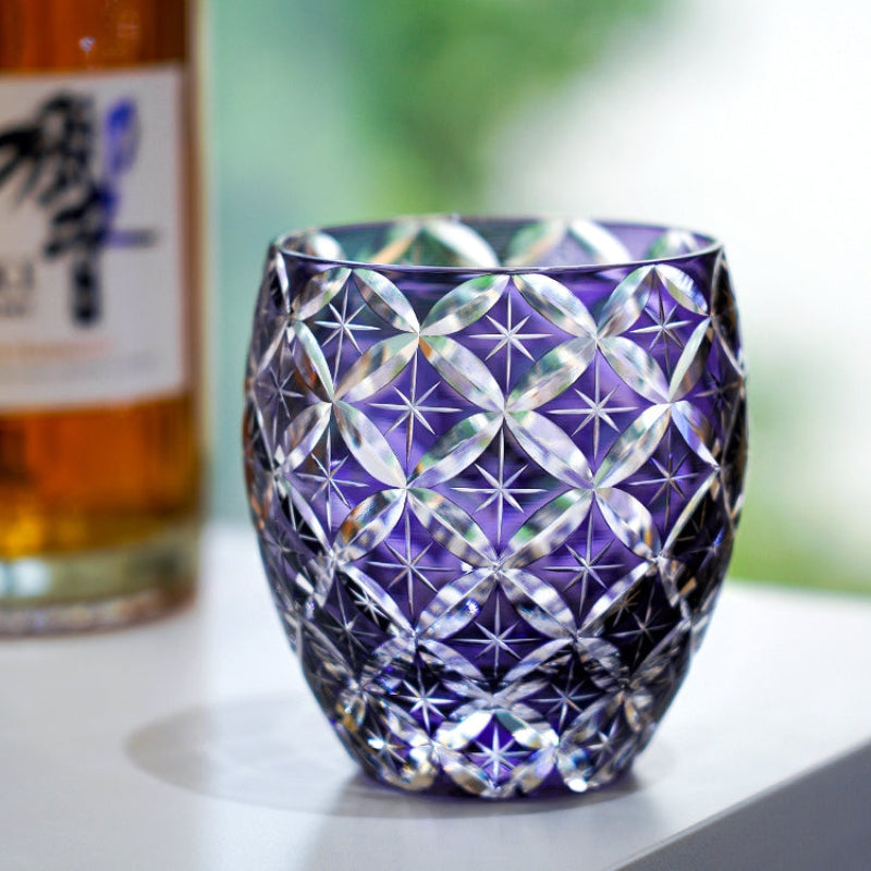 Edo Kiriko Handcrafted Violet Shippo Whisky Glass With Wooden Box