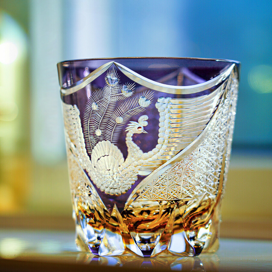 Edo Kiriko Handcrafted Purple Phoenix Whiskey Glass with Wooden Box