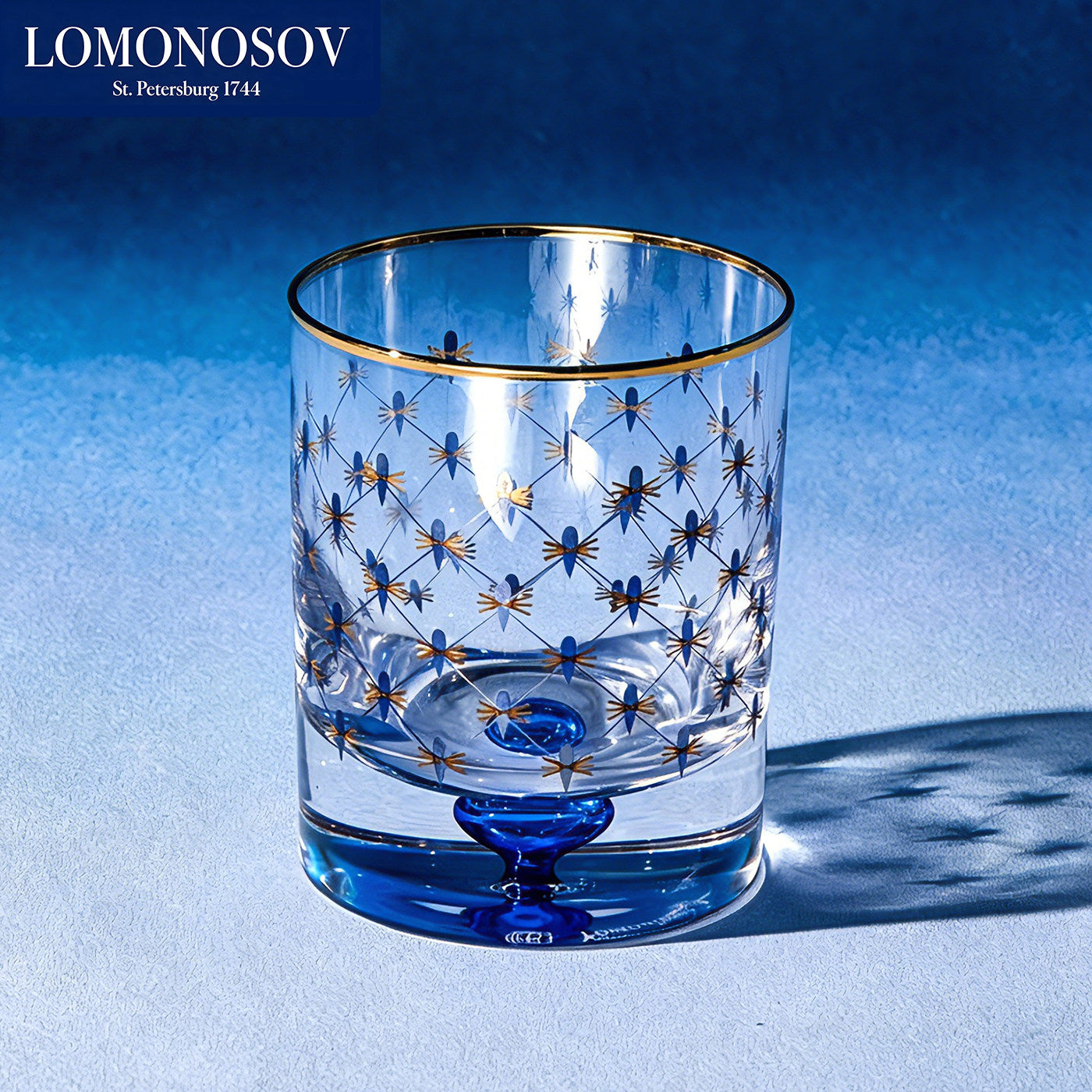 LOMONOSOV Cobalt Blue Checkered Crystal Whiskey Glasses