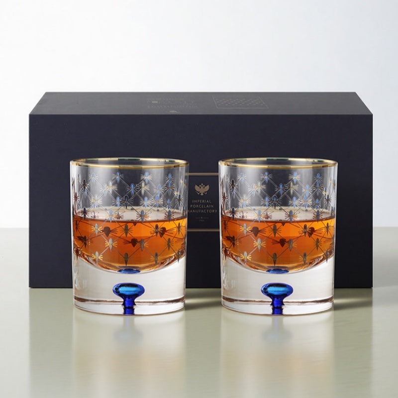LOMONOSOV Cobalt Blue Checkered Crystal Whiskey Glasses