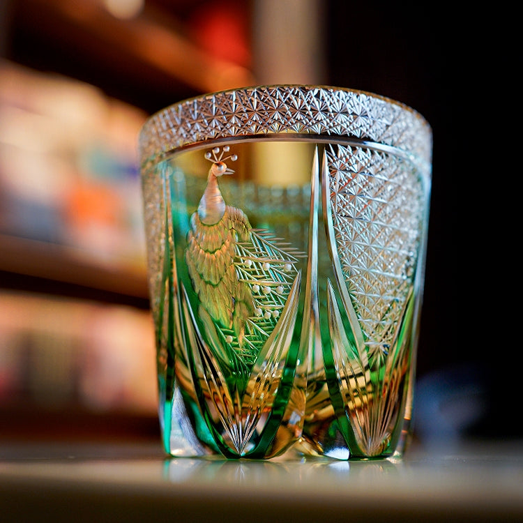 Edo Kiriko Handcrafted Emerald Peacock Whiskey Glass with Wooden Box