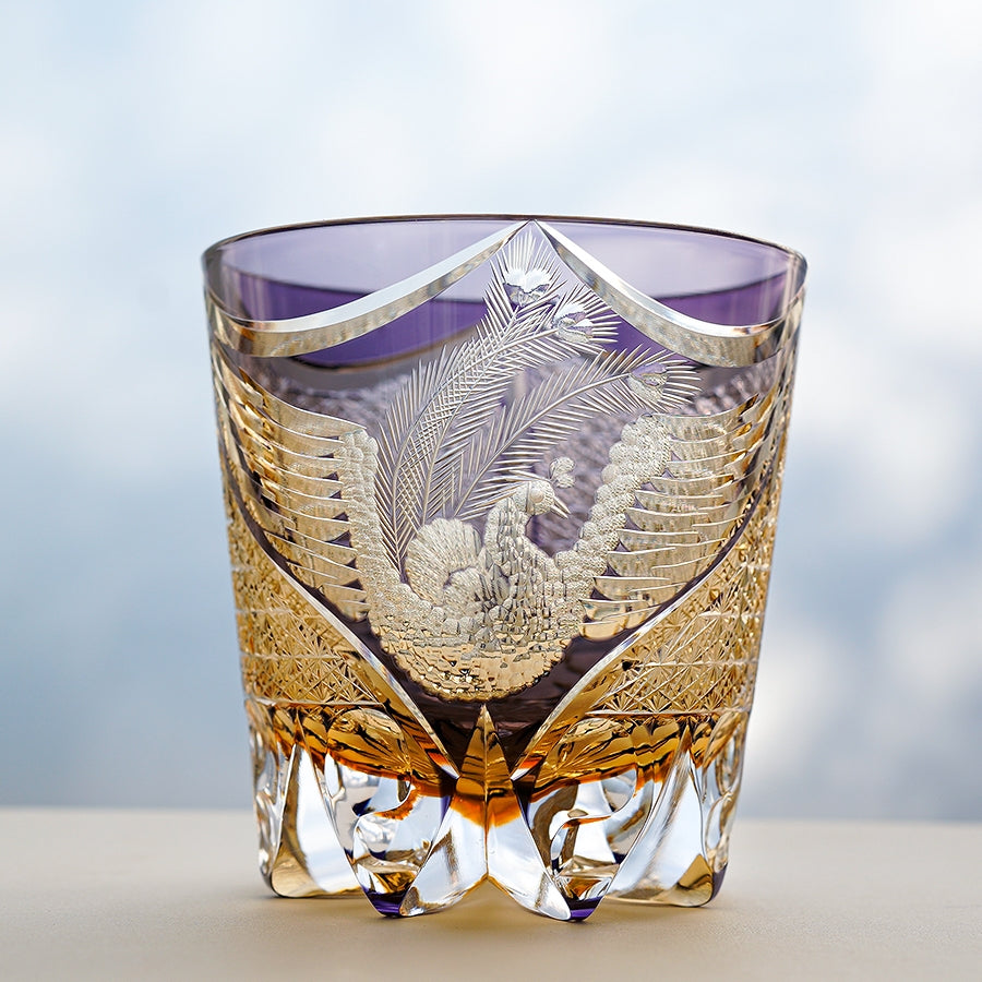 Edo Kiriko Handcrafted Purple Phoenix Whiskey Glass with Wooden Box