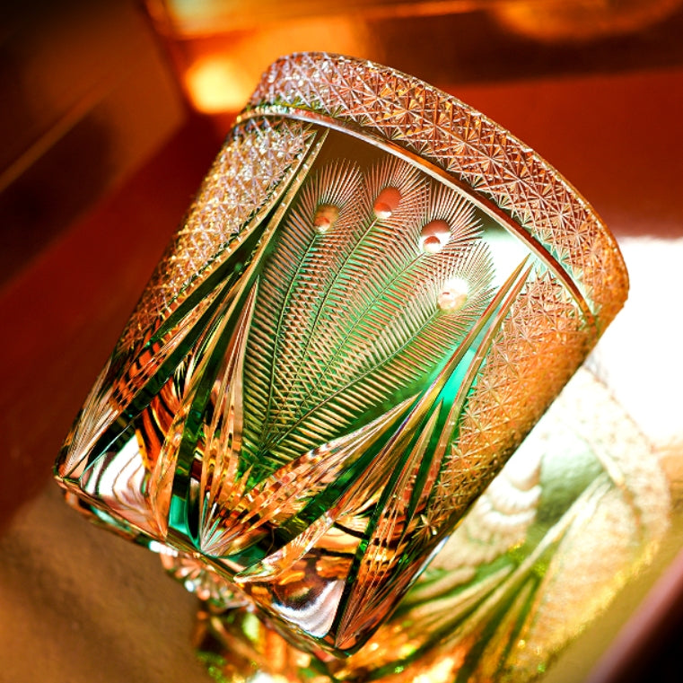 Edo Kiriko Handcrafted Emerald Peacock Whiskey Glass with Wooden Box