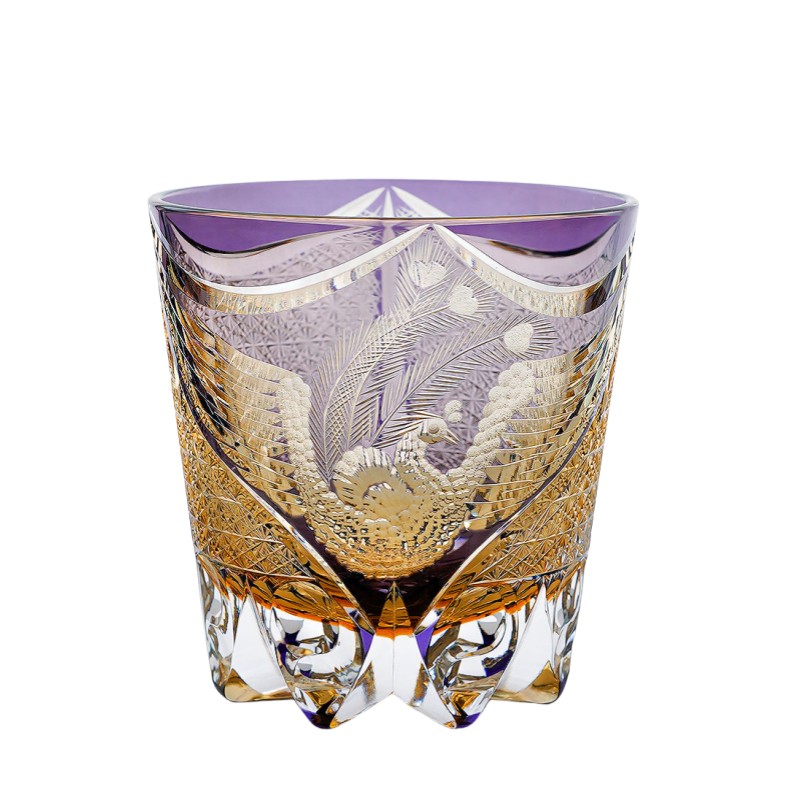 Edo Kiriko Handcrafted Purple Phoenix Whiskey Glass with Wooden Box