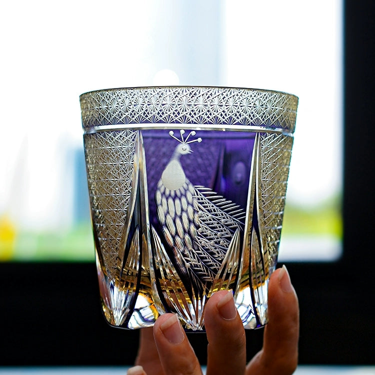 Edo Kiriko Handcrafted Violet Peacock Whisky Glass - Crystal Glass