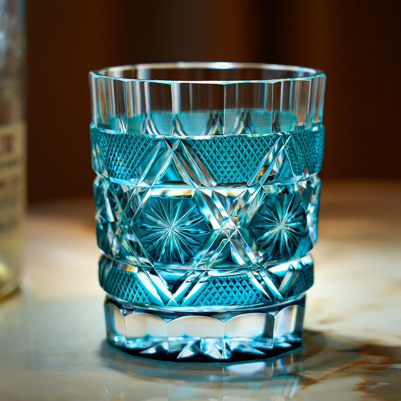 Edo Kiriko Handcrafted Kiku Suji Whiskey Glass with Wooden Box